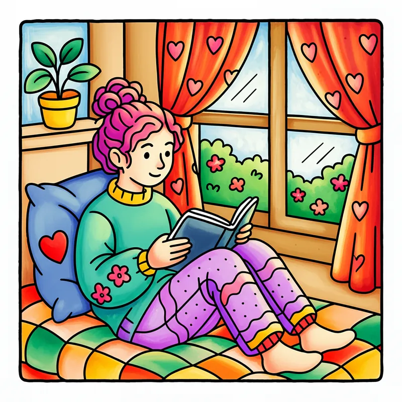 Cozy Reading Nook Girl Coloring Page colored reference