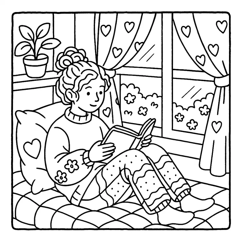 Cozy Reading Nook Girl Coloring Page coloring page