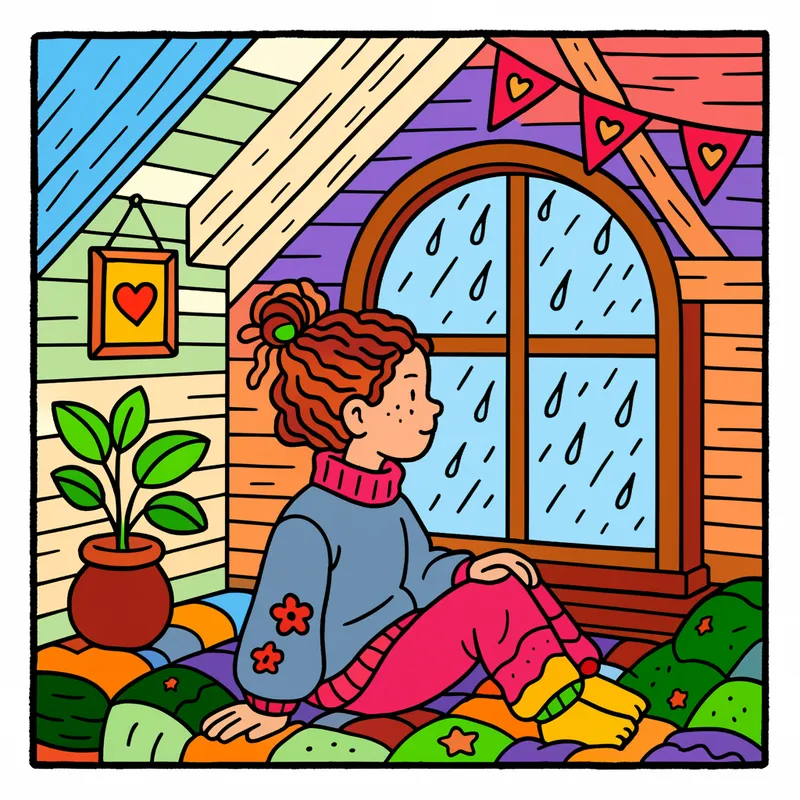 Cozy Attic Rainy Day Coloring Page colored reference