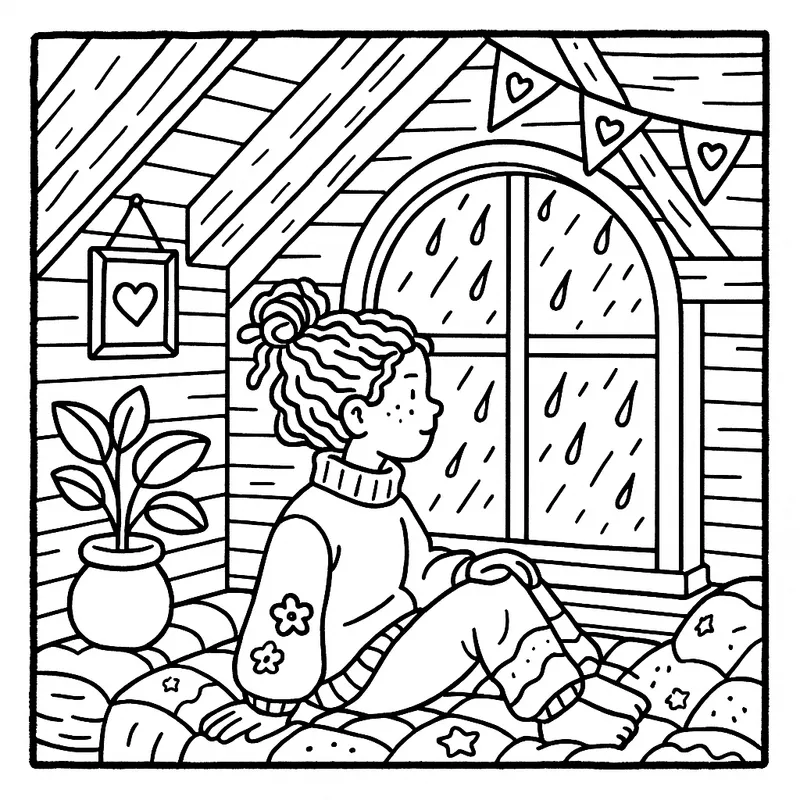Cozy Attic Rainy Day Coloring Page coloring page