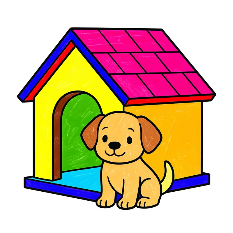 Cute Puppy Doghouse Coloring Page colored reference