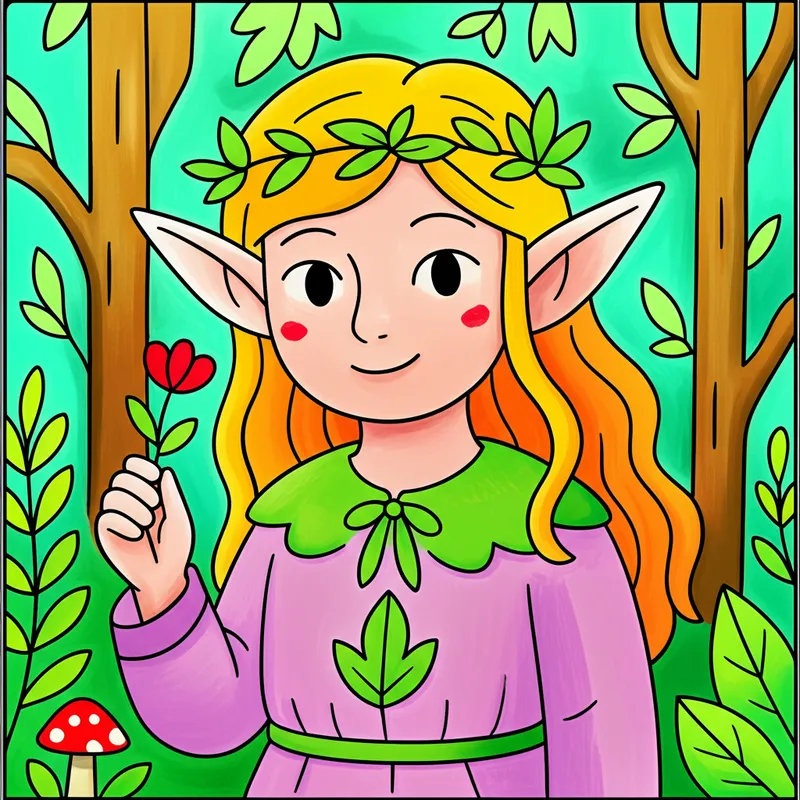 Enchanting Forest Elf Maiden Coloring Page colored reference