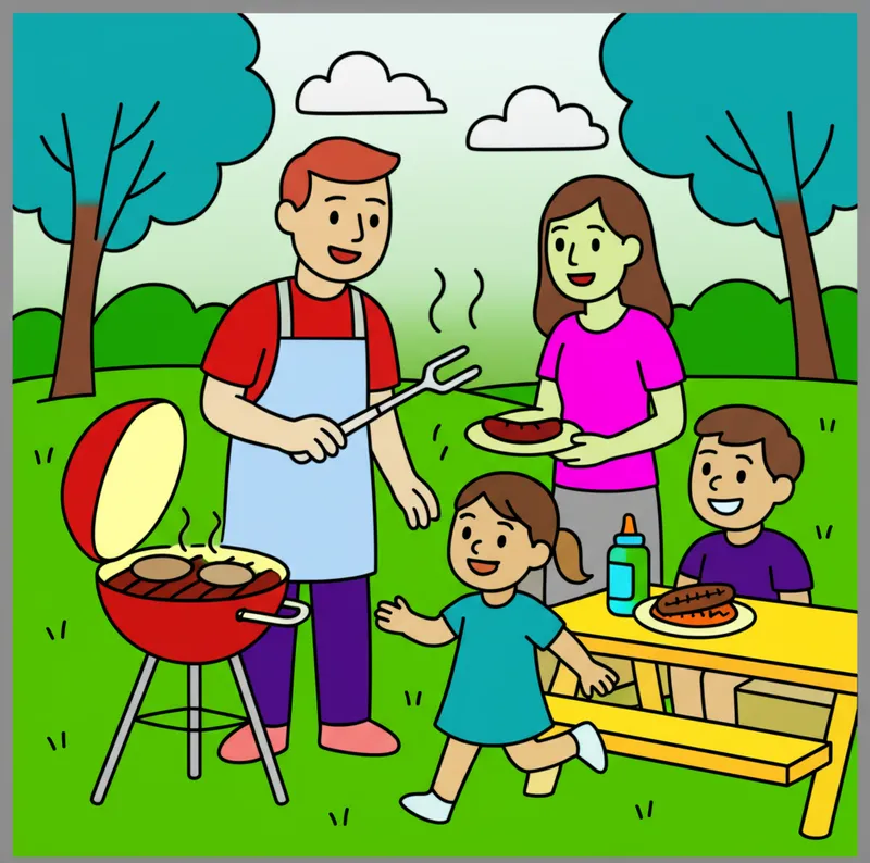 Family Barbecue Fun Time Coloring Page colored reference