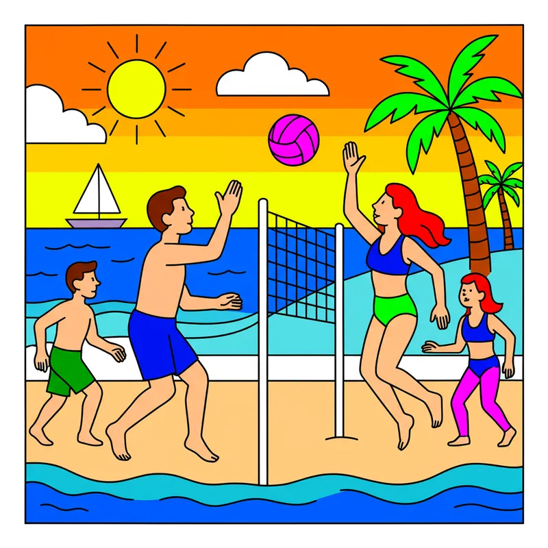 Family Beach Volleyball Fun Coloring Page colored reference