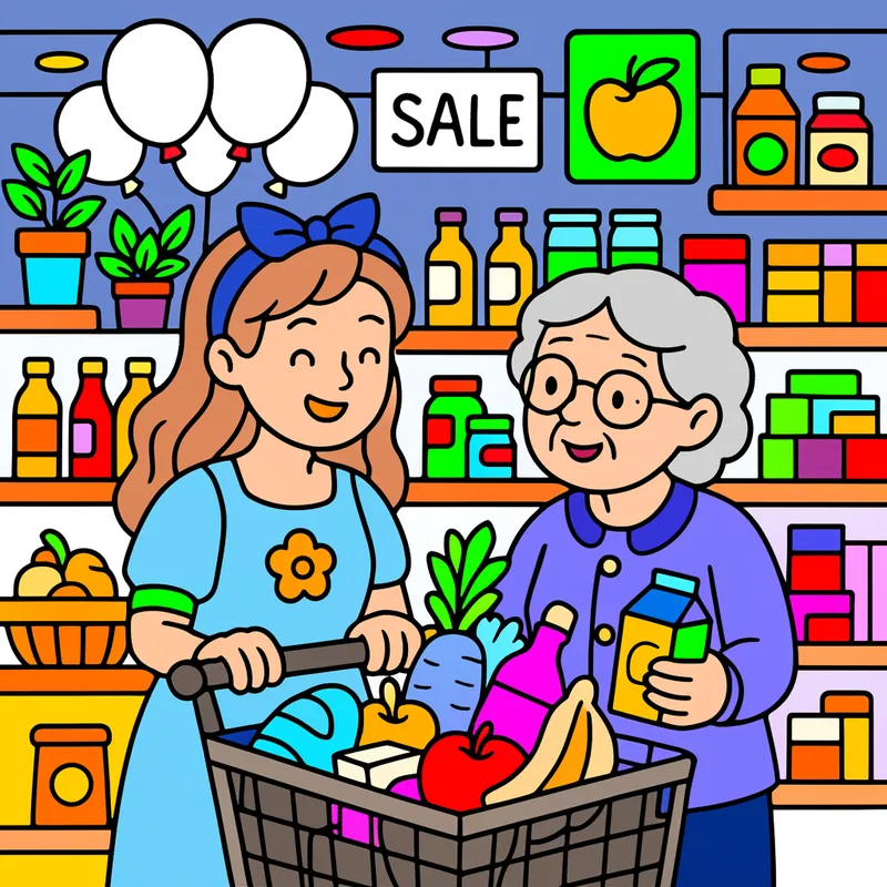 Grandma and Granddaughter's Grocery Trip colored reference