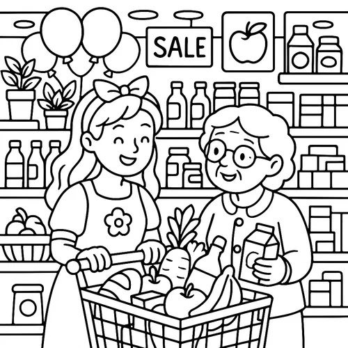 Grandma and Granddaughter's Grocery Trip coloring page