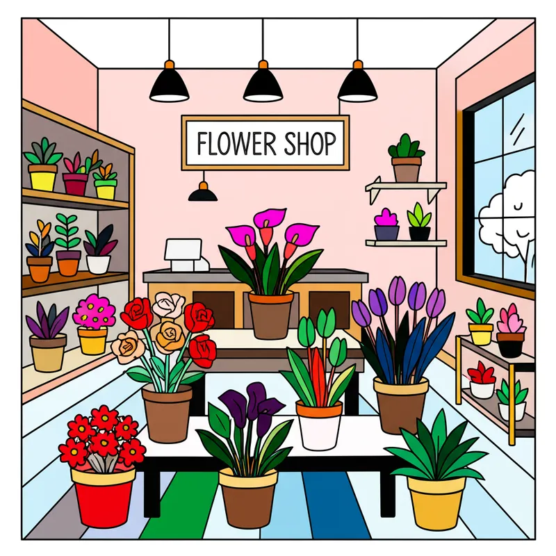 Charming Flower Shop Interior Coloring Page colored reference