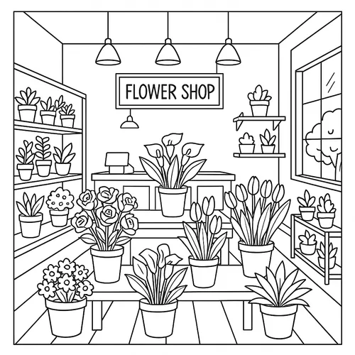 Charming Flower Shop Interior Coloring Page coloring page