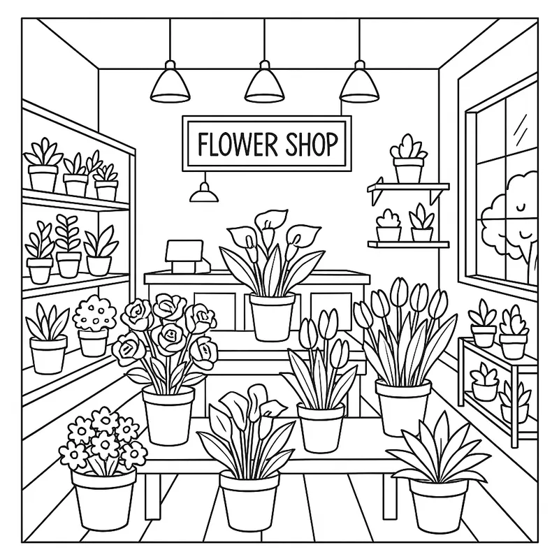 Charming Flower Shop Interior Coloring Page coloring page