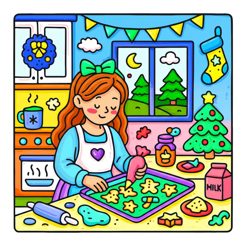 Girl Baking Christmas Cookies Coloring Page colored reference