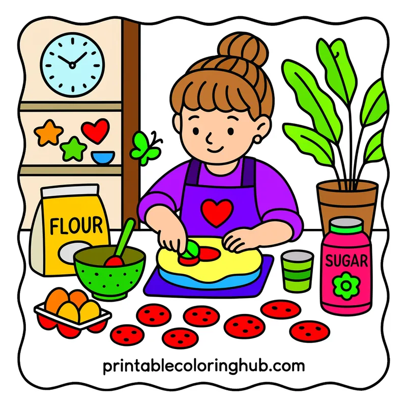 Cheerful Girl Baking Cookies Coloring Page colored reference
