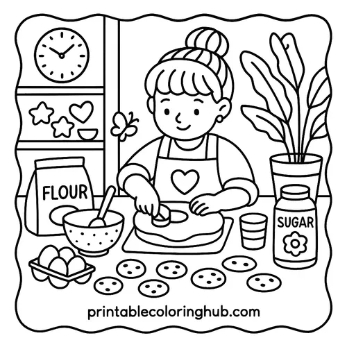 Cheerful Girl Baking Cookies Coloring Page coloring page