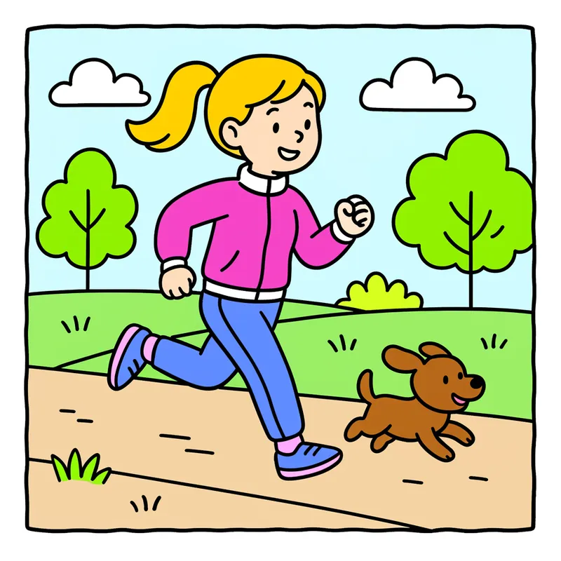 Girl Jogging with Dog in Park Coloring Page colored reference