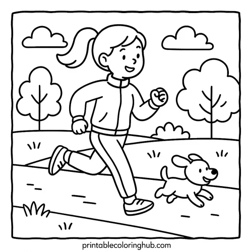 Girl Jogging with Dog in Park Coloring Page coloring page