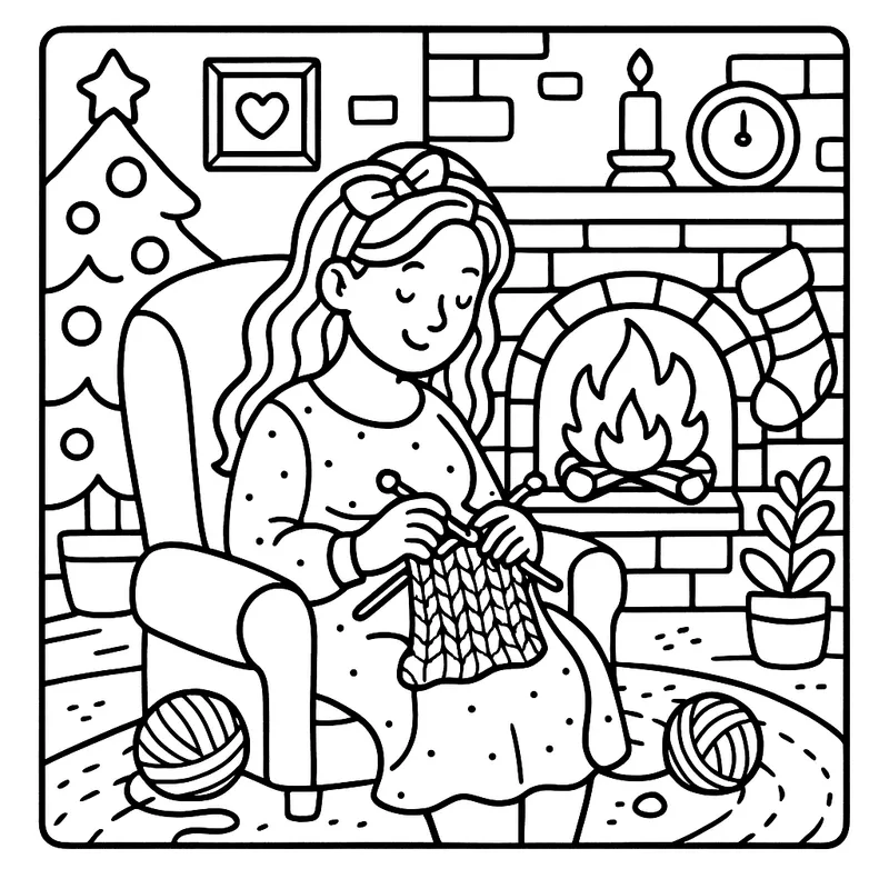 Cozy Christmas Knitting Scene coloring page