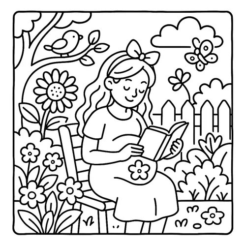Peaceful Garden Reading Time coloring page