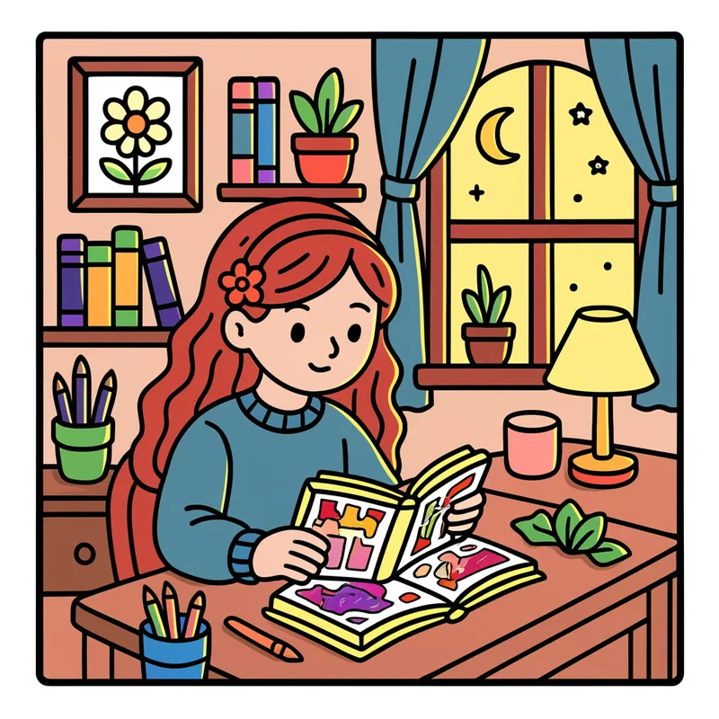 Girl Studying Cozy Night Scene Coloring Page colored reference