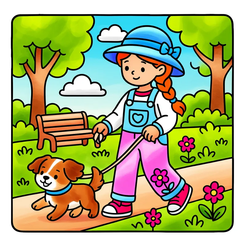 Sunny Park Day with Puppy Coloring Page colored reference