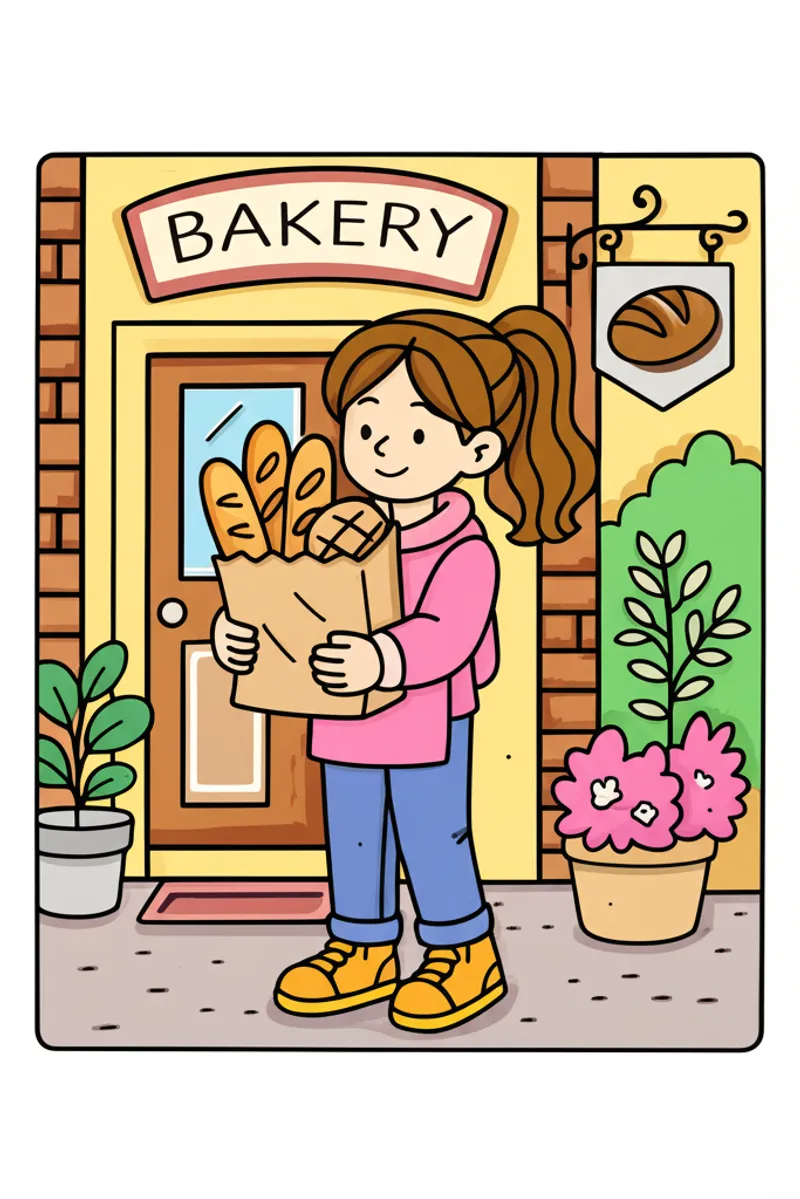 Girl with Fresh Bakery Bread Coloring Page colored reference