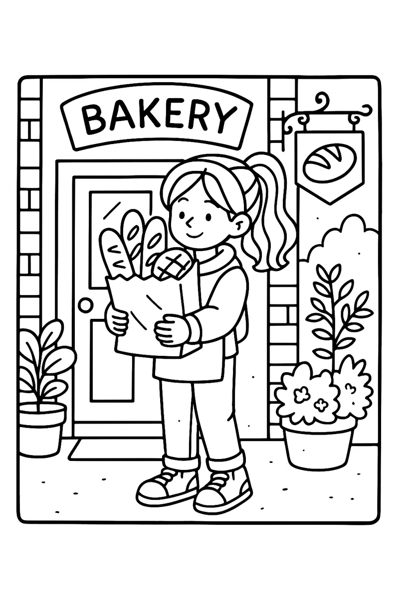 Girl with Fresh Bakery Bread Coloring Page coloring page