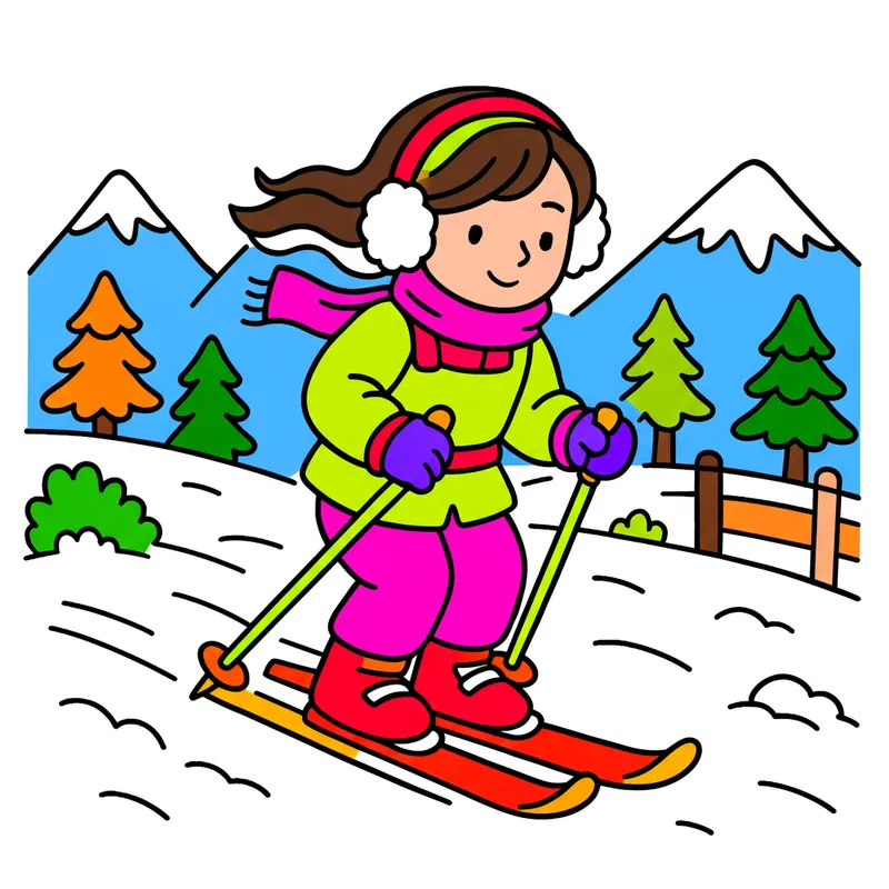 Girl Skiing Snowy Mountains Coloring Page colored reference