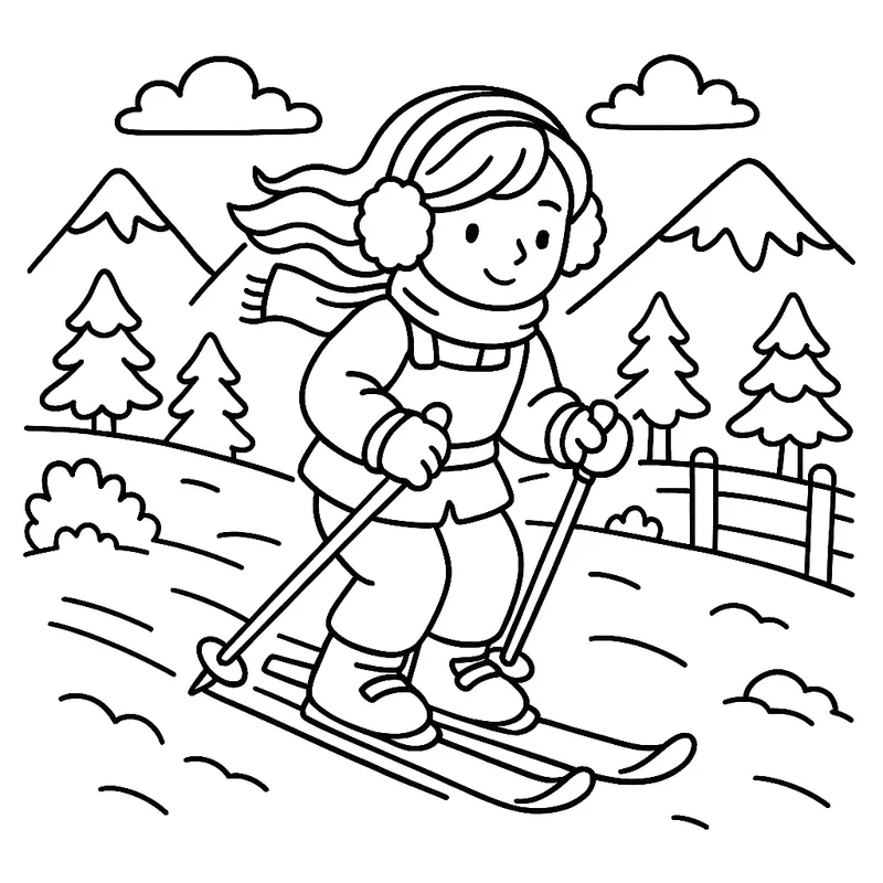 Girl Skiing Snowy Mountains Coloring Page coloring page