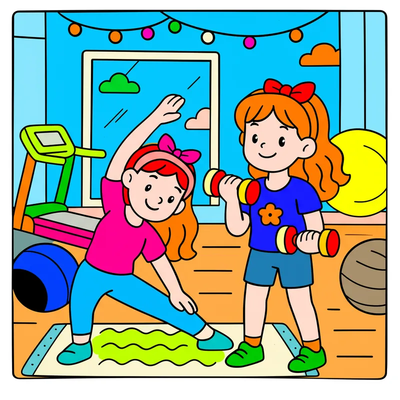 Energetic Girls Gym Workout Coloring Page colored reference