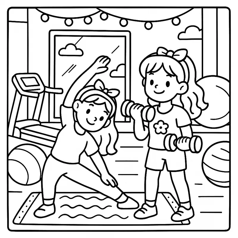 Energetic Girls Gym Workout Coloring Page coloring page