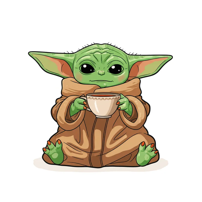 Cute Grogu Sipping Drink Coloring Page colored reference