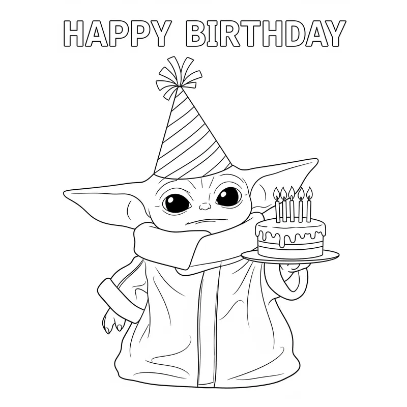 Grogu's Birthday Cake Surprise Coloring Page coloring page