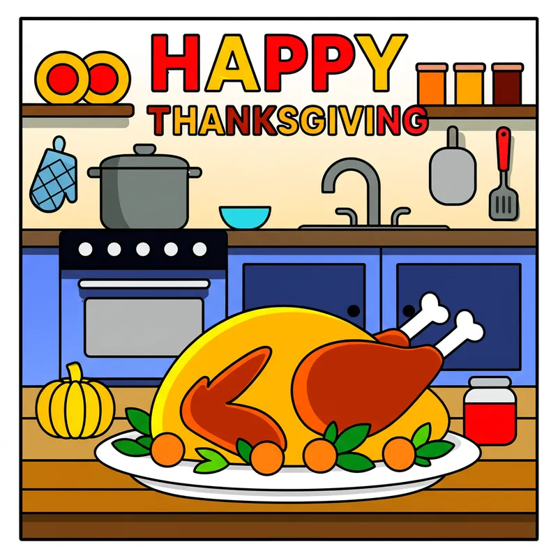 Happy Thanksgiving Kitchen Feast Coloring Page colored reference