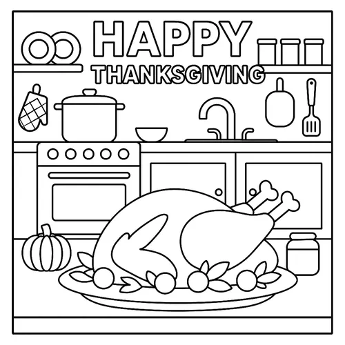 Happy Thanksgiving Kitchen Feast Coloring Page coloring page
