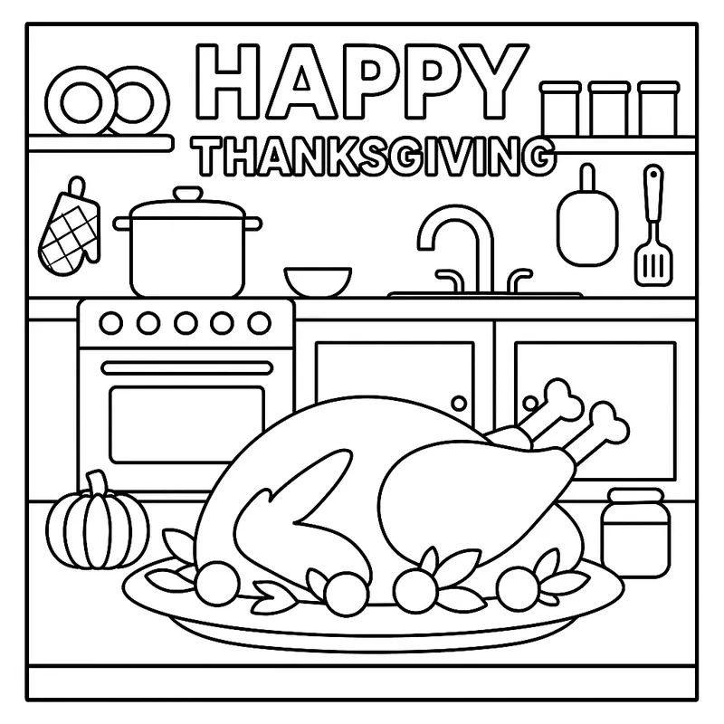 Happy Thanksgiving Kitchen Feast Coloring Page coloring page