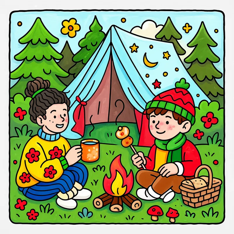Cozy Kids Campfire Night Coloring Page colored reference