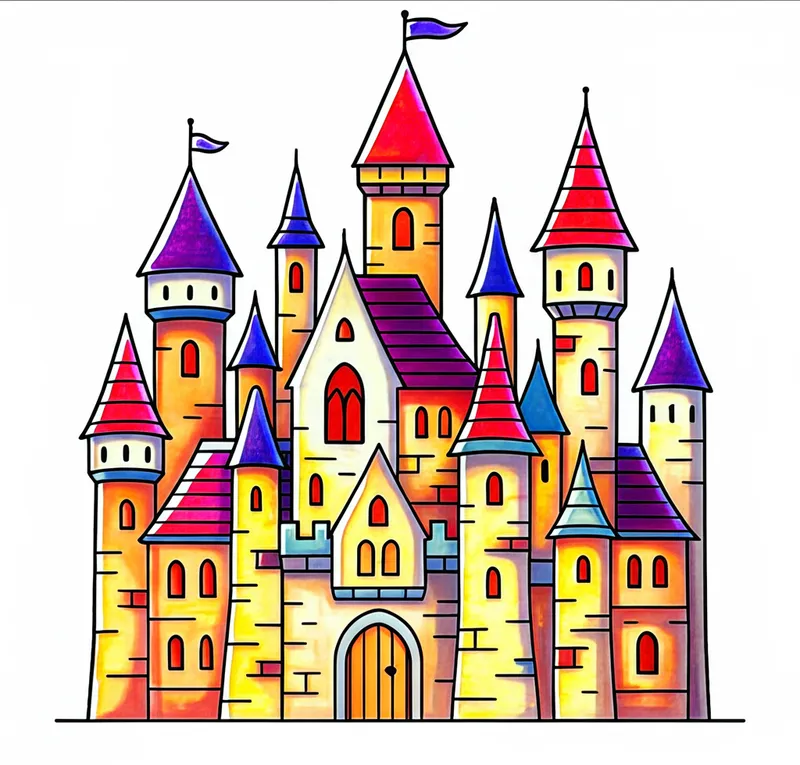 Magical Castle Towers Coloring Page colored reference