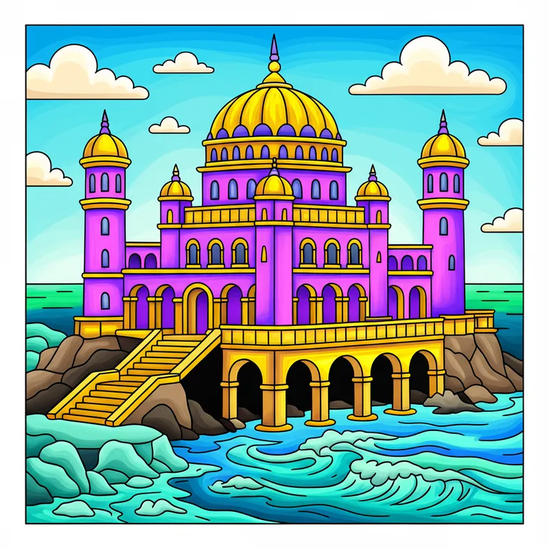 Majestic Seaside Palace Coloring Page colored reference