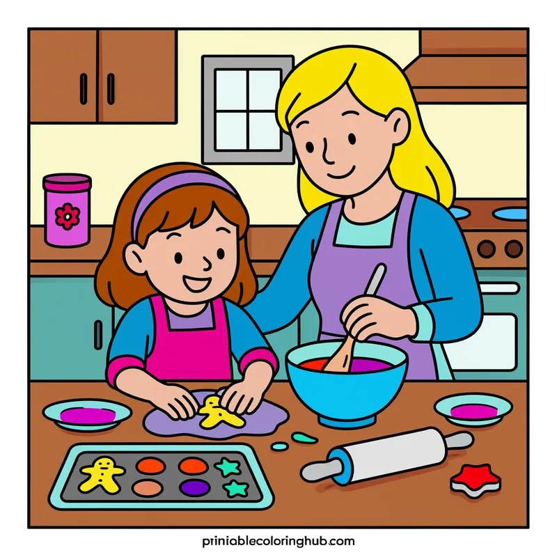 Mother Daughter Baking Fun Coloring Page colored reference