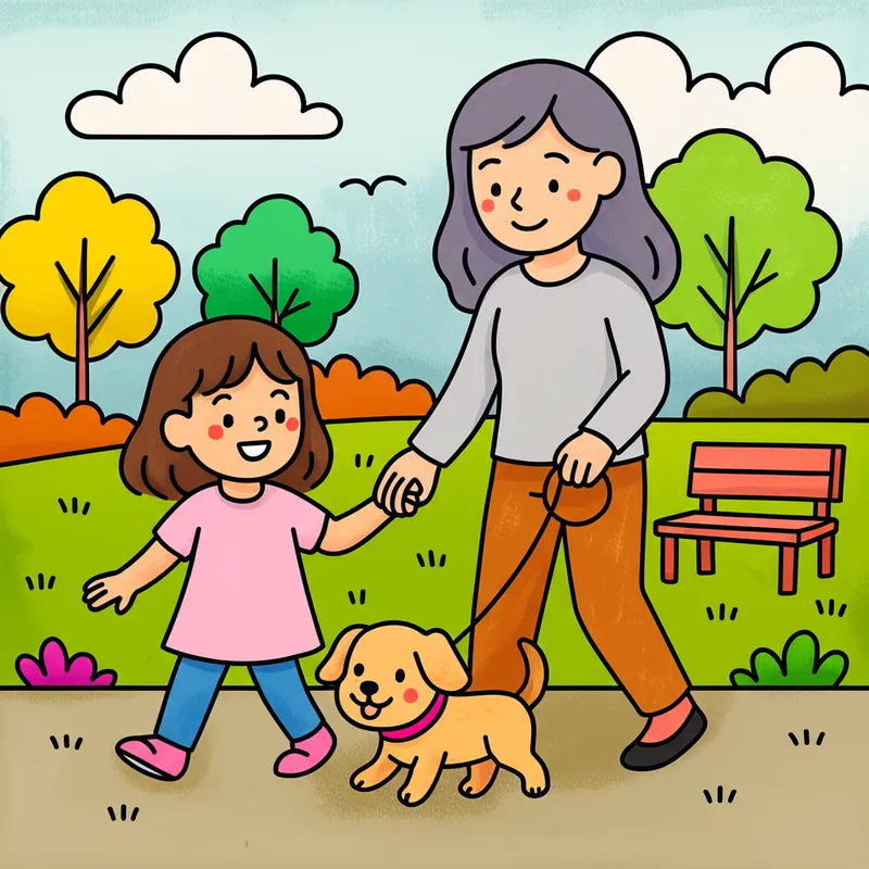 Mother Daughter Dog Park Walk Coloring Page colored reference