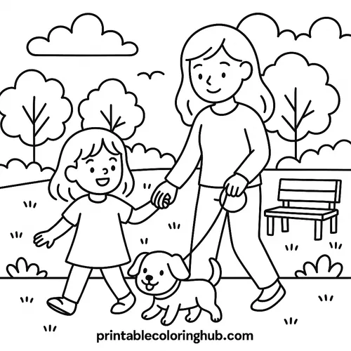Mother Daughter Dog Park Walk Coloring Page coloring page
