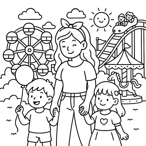 Family Fun at the Amusement Park coloring page