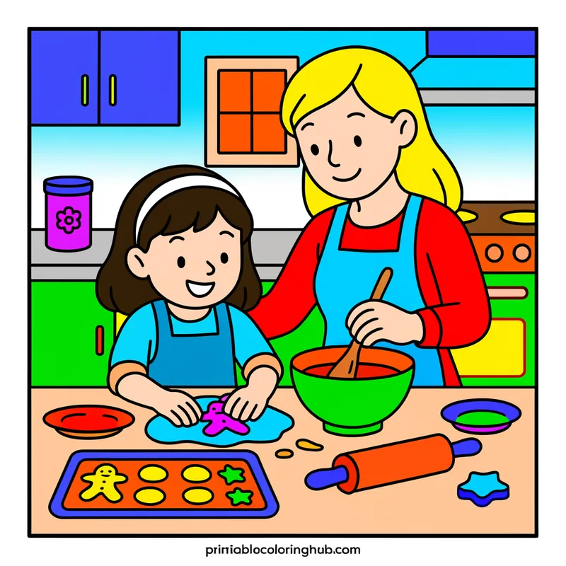 Mother Daughter Baking Cookies Together colored reference