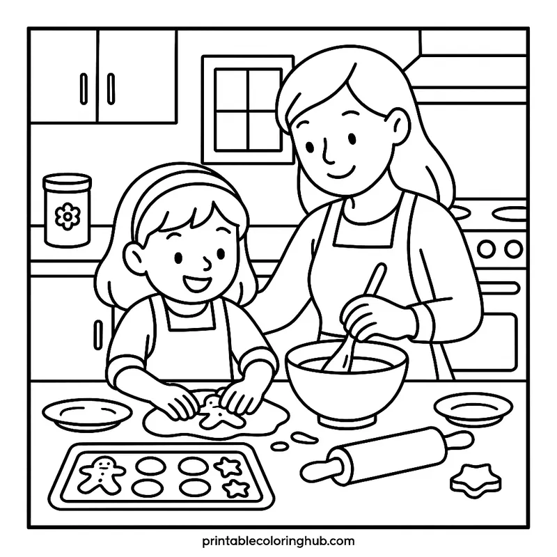 Mother Daughter Baking Cookies Together coloring page