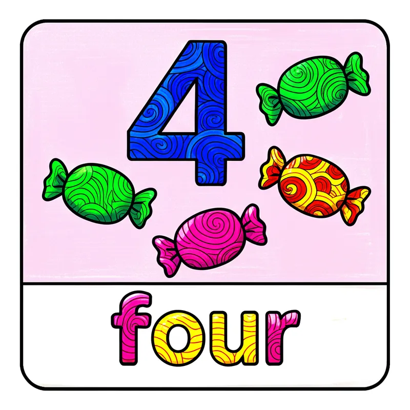 Number Four Candies Flashcard Coloring Page colored reference