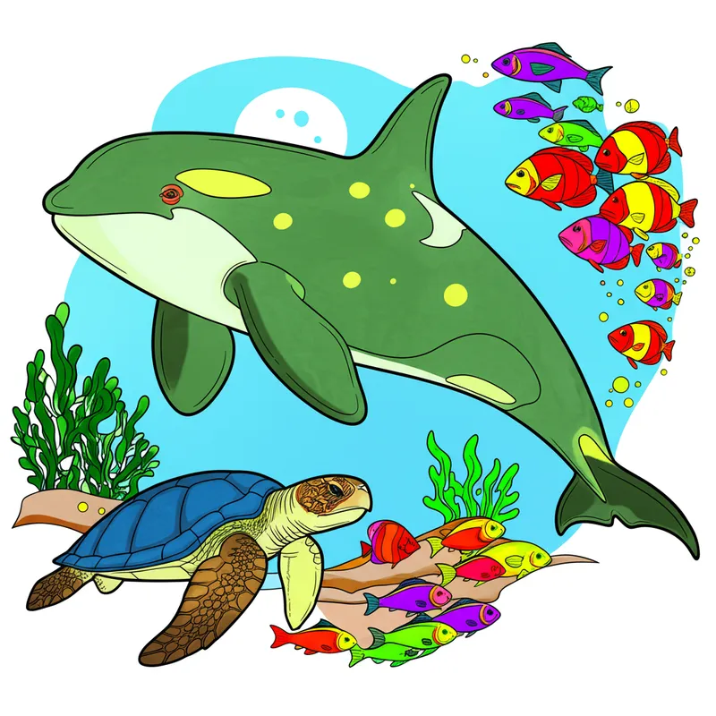 Orca and Turtle Ocean Adventure Coloring Page colored reference