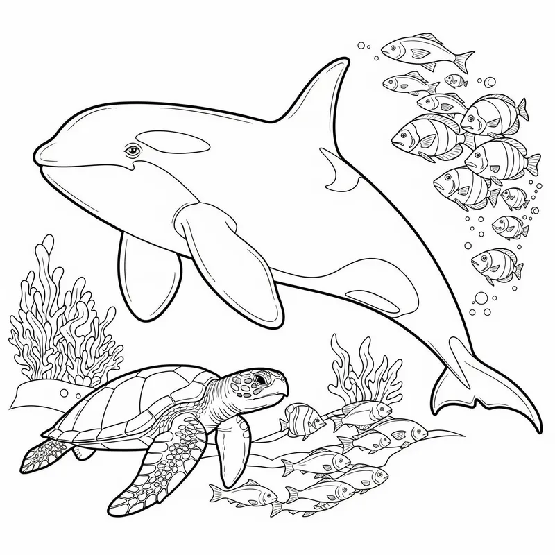 Orca and Turtle Ocean Adventure Coloring Page coloring page