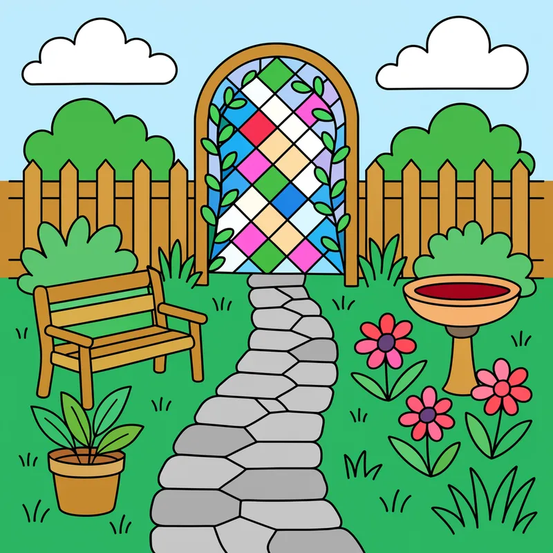 Peaceful Garden Pathway Coloring Page colored reference
