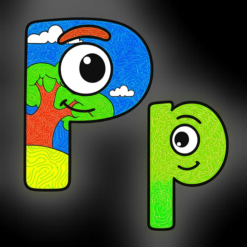 Playful Letter P Characters Coloring Page colored reference