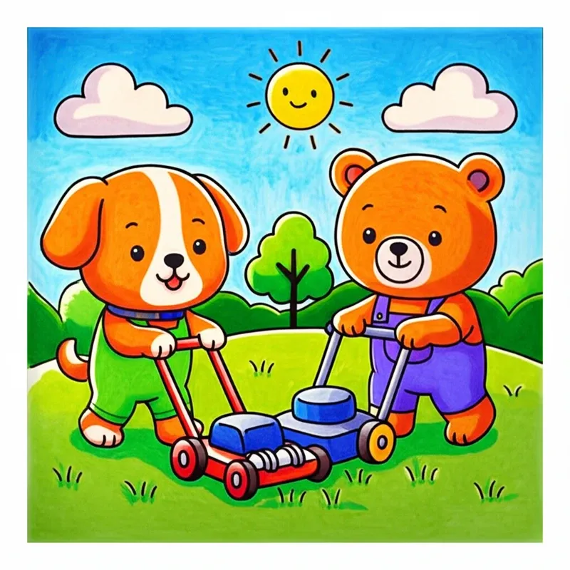 Puppy and Bear's Sunny Mowing Day Coloring Page colored reference