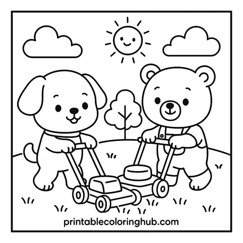Puppy and Bear's Sunny Mowing Day Coloring Page coloring page