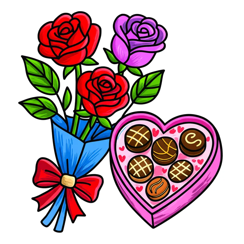 Romantic Roses and Chocolates Coloring Page colored reference